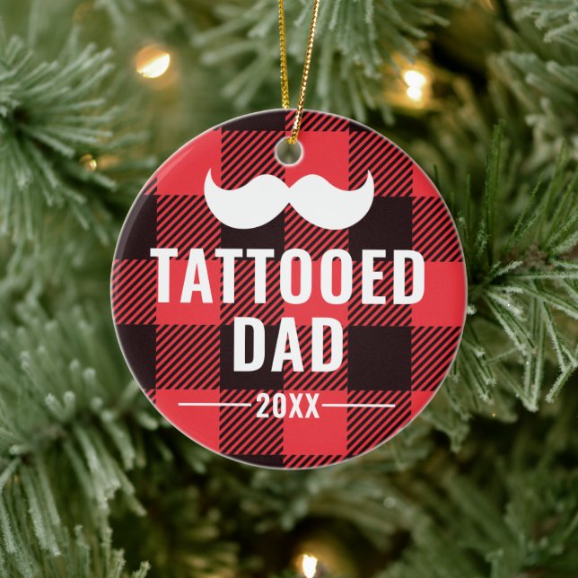 Tattooed Dad Personalized Moustache Bearded Man Ceramic Ornament (Tree)