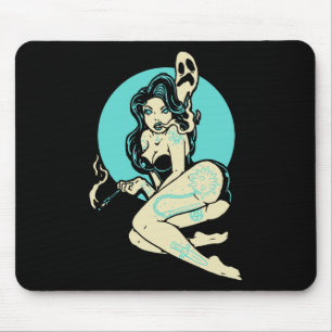 Tattooed Goth Pin-up Girl Horror Ghost Moon Rockab Mouse Pad