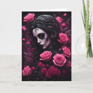 Tattooed Goth Woman Pink and Red Flowers Valentine Card