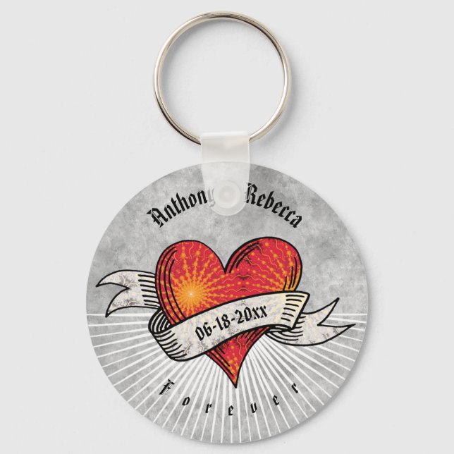 Tattooed Hearts Add Names and Date Keychain (Front)