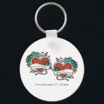 Tattooed Hearts, Tattoo Graphic Wedding Keychain<br><div class="desc">Create a custom wedding party favor or small gift with this keychain. It features tattoo style graphics with retro style hearts in red with blue flower accents that are ready to be personalized with the name of the bride and groom.</div>