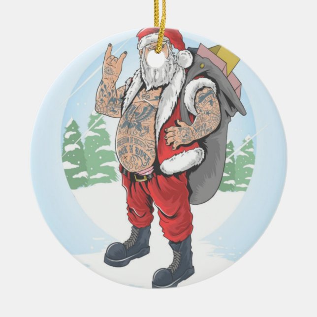 TATTOOED SANTA CLAUS CARRIES A GIFT BAG CERAMIC ORNAMENT (Front)