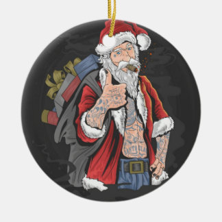 TATTOOED SANTA CLAUS GIVING THUMBS UP CERAMIC ORNAMENT