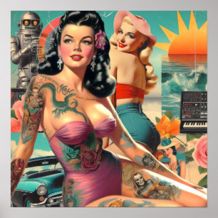 Tattooed Summer Pin-up Collage Poster