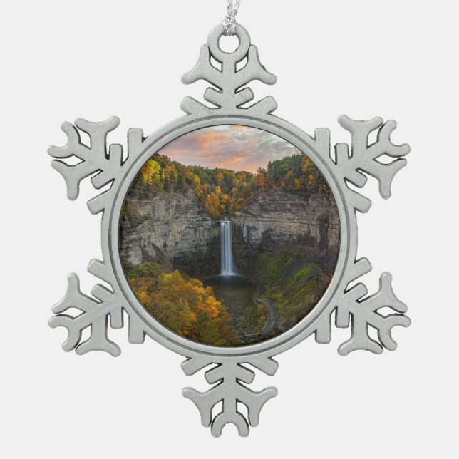 Taughannock Falls in Autumn Snowflake Pewter Christmas Ornament (Front)