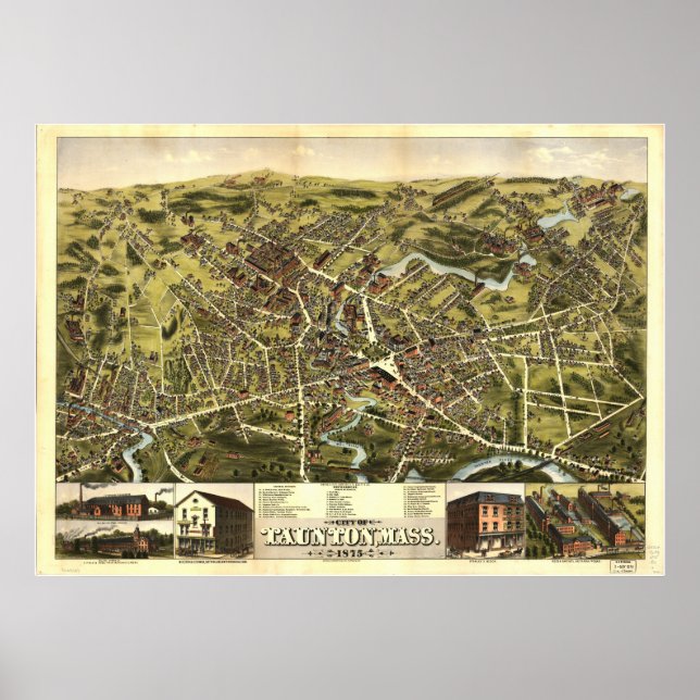 Taunton Massachusetts 1875 Antique Panoramic Map Poster (Front)