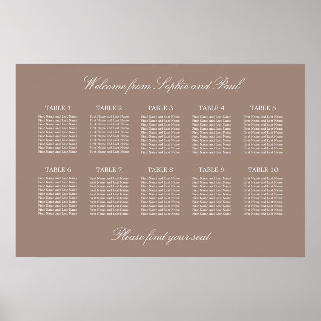 Taupe 10 Table Wedding Seating Chart Poster (Front)