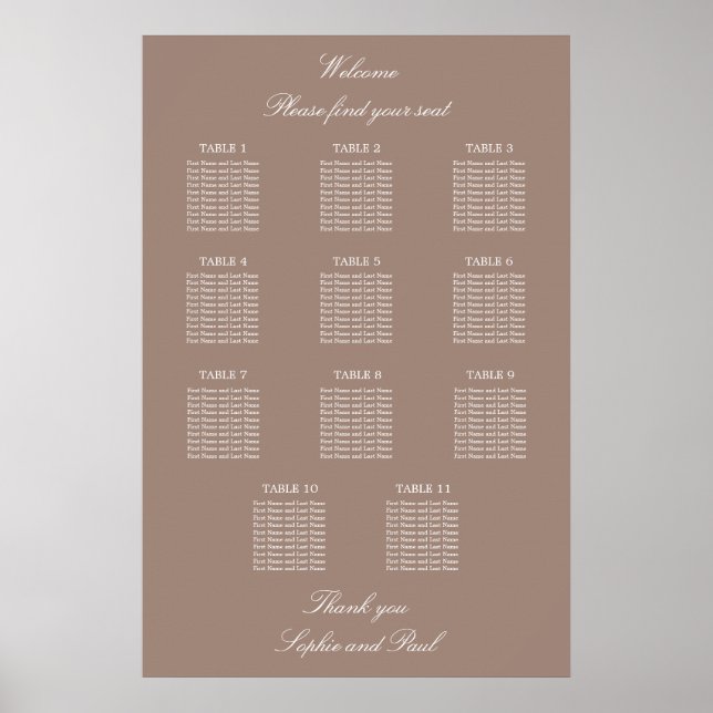 Taupe 11 Table Wedding Seating Chart Poster (Front)