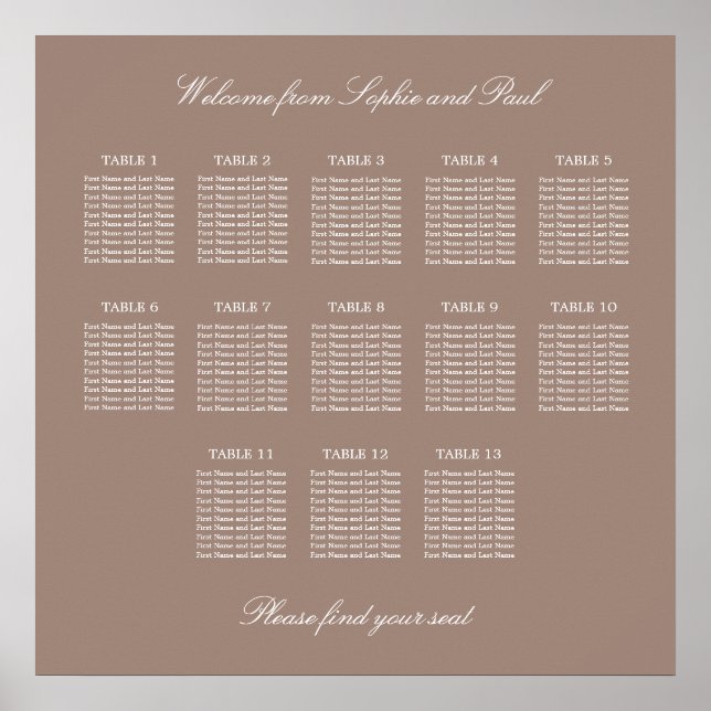 Taupe 13 Table Wedding Seating Chart Poster (Front)