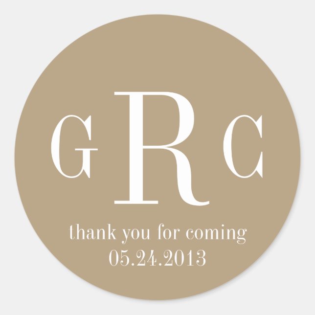 Taupe 3 initial monogram label tag wedding favour (Front)