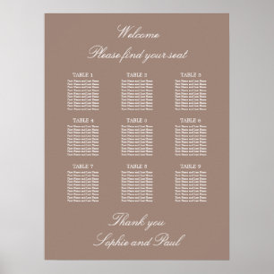 Taupe 9 Table Wedding Seating Chart Poster