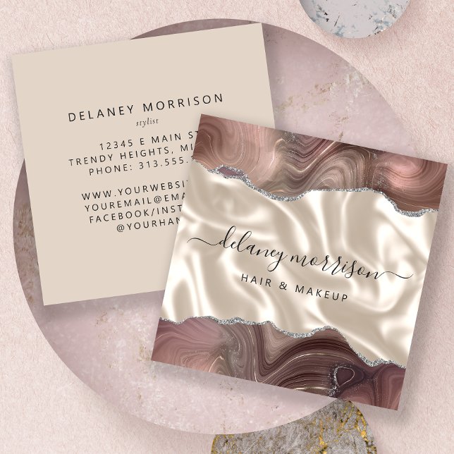 Taupe Agate Silver Glitter Luxury Square Business Card (Creator Uploaded)