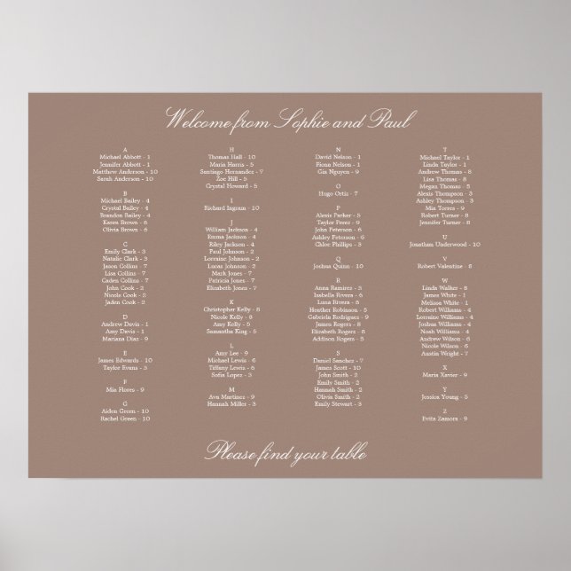 Taupe Alphabetical Seating Chart Poster (Front)
