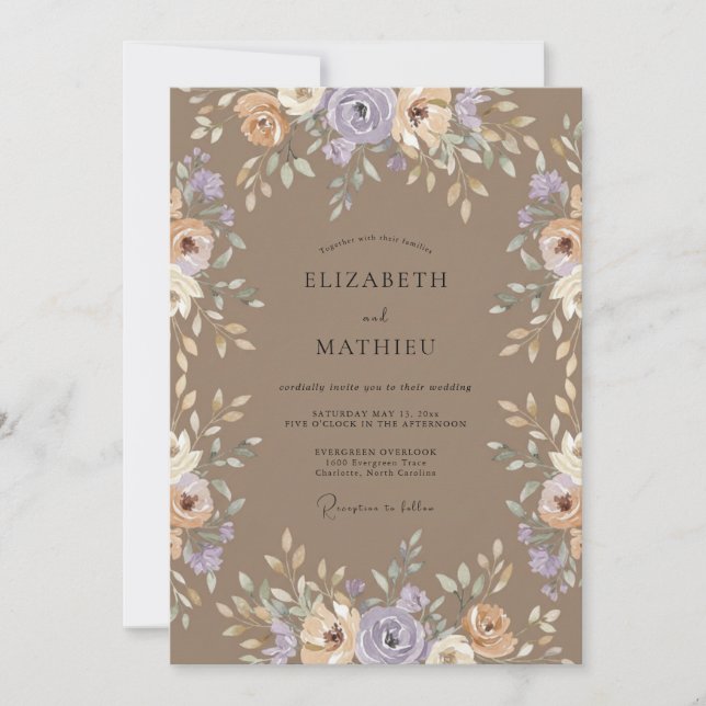 Taupe Amethyst Ranunculus Eucalyptus Wedding Invitation (Front)