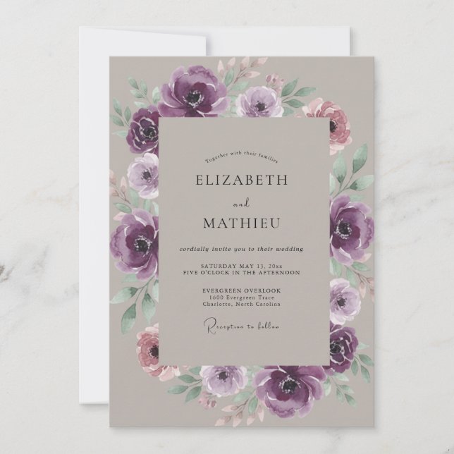 Taupe Amethyst Ranunculus Soft Eucalyptus Wedding Invitation (Front)