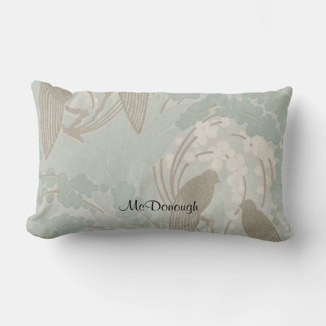 Taupe and Blue Paradise Garden Pattern Lumbar Pillow (Front)