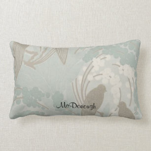 Taupe and Blue Paradise Garden Pattern Lumbar Pillow