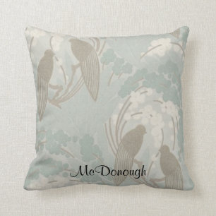 Taupe and Blue Paradise Garden Pattern Throw Pillow