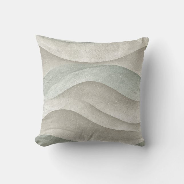 Taupe And Blue Watercolor Coastal Waves Throw Pillow (Front)