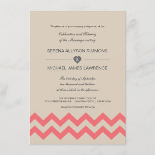 Taupe and Coral Chevron Wedding Invitations