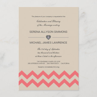 Taupe and Coral Chevron Wedding Invitations