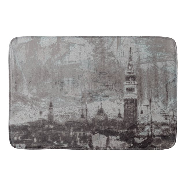 Taupe and Cyan Distressed Skyline Venice Italy Bath Mat (Front)
