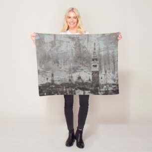 Taupe and Cyan Distressed Skyline Venice Italy Fleece Blanket