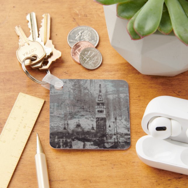 Taupe and Cyan Distressed Skyline Venice Italy Keychain (Desk)
