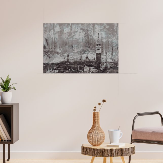 Taupe and Cyan Distressed Skyline Venice Italy Poster (Living Room 3)