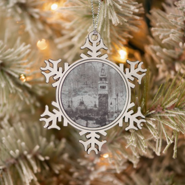 Taupe and Cyan Distressed Skyline Venice Italy Snowflake Pewter Christmas Ornament (Tree)