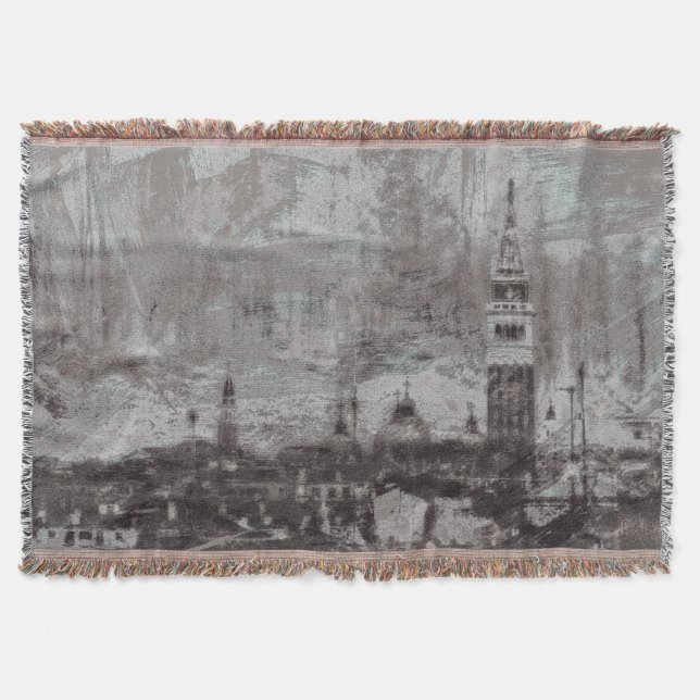 Taupe and Cyan Distressed Skyline Venice Italy Throw Blanket (Front)