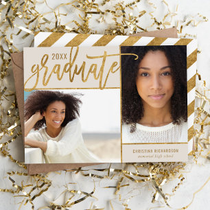Taupe and Gold Faux Foil 2 Photo Graduation Announcement