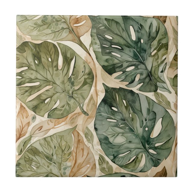 Taupe and Green Monstera Seamless Ceramic Tile (Front)