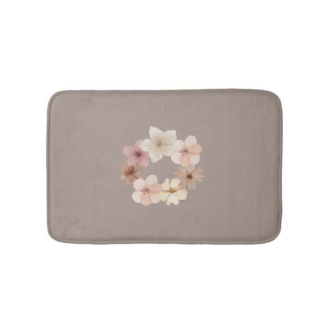 Taupe and Pink Floral Bath Mat | Elegant Bathroom  (Front)