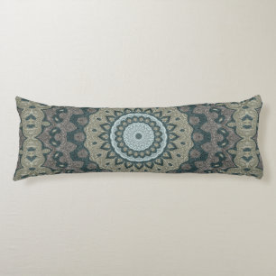 Taupe and Teal Mandala with Tribal Symmetry Body Pillow