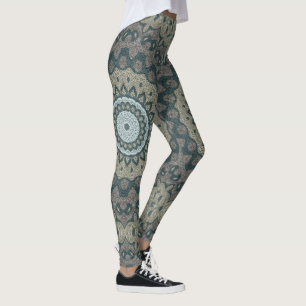 Taupe and Teal Mandala with Tribal Symmetry Leggings
