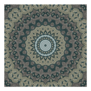 Taupe and Teal Mandala with Tribal Symmetry Poster