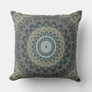 Taupe and Teal Mandala with Tribal Symmetry Throw Pillow