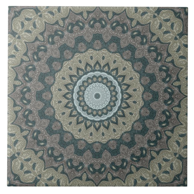 Taupe and Teal Mandala with Tribal Symmetry Tile (Front)