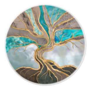 Taupe and teal Marble Tree of life Ceramic Knob