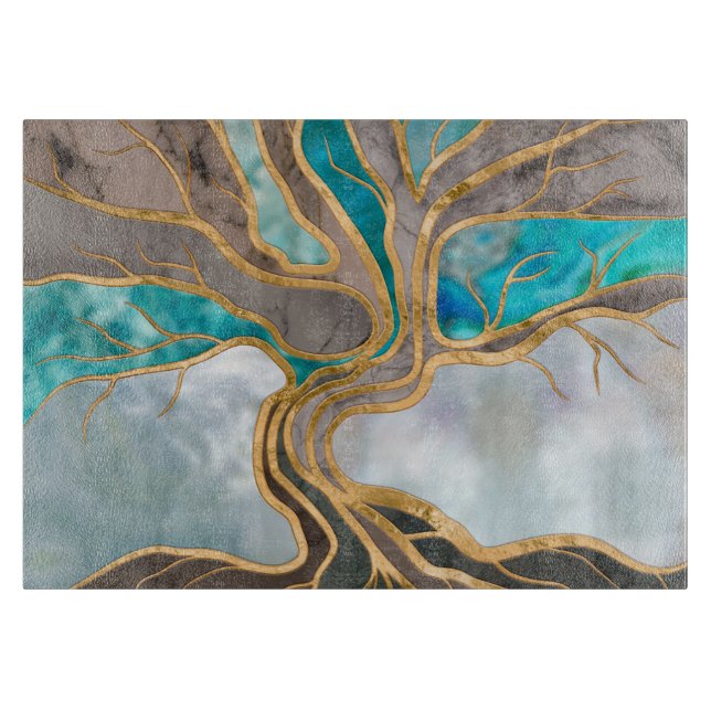 Taupe and teal Marble Tree of life Cutting Board (Front)