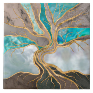 Taupe and teal Marble Tree of life Tile