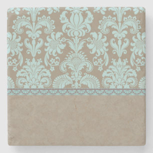Taupe and Turquoise Damask Stone Coaster