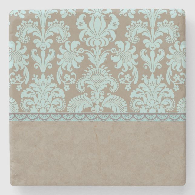 Taupe and Turquoise Damask Stone Coaster (Front)