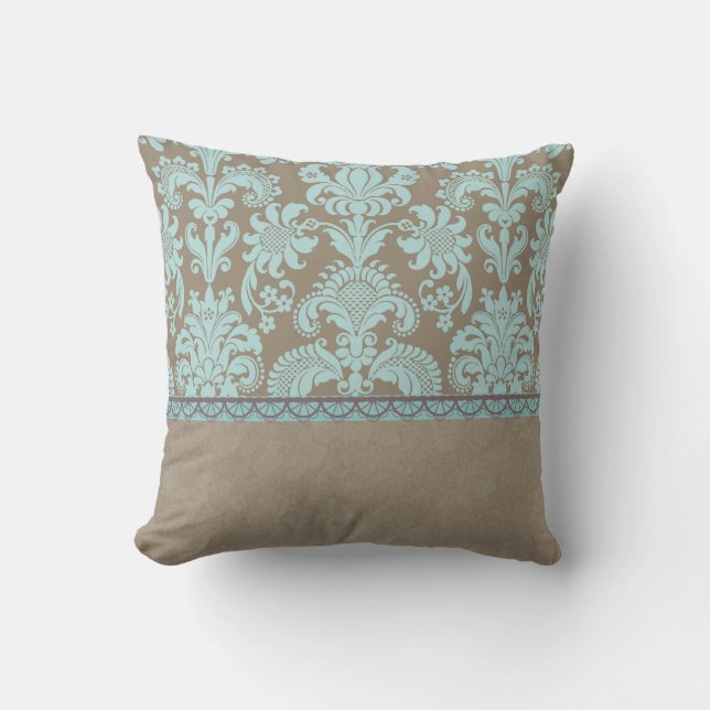 Taupe and Turquoise Damask Throw Pillow (Front)