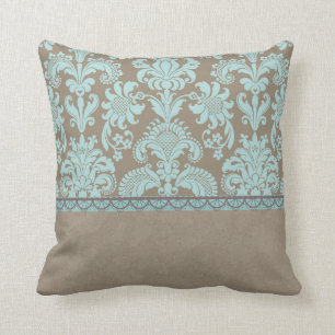 Taupe and Turquoise Damask Throw Pillow