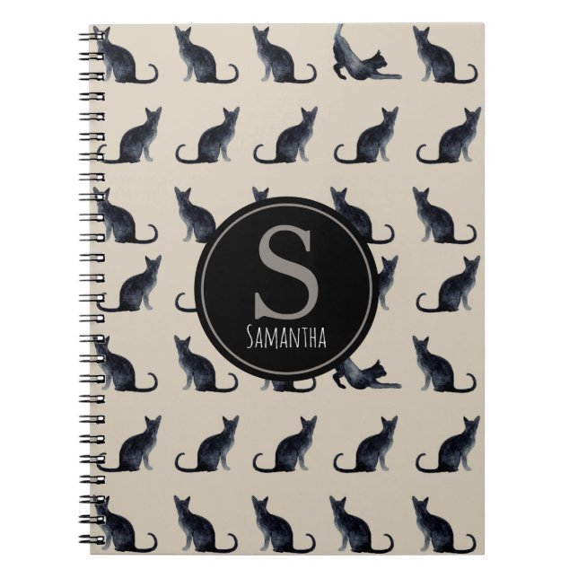Taupe and Watercolor Black Cat Lover Notebook (Front)