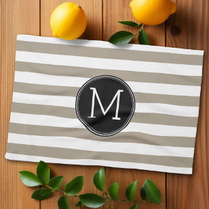 Taupe and White Striped Pattern Black Monogram Kitchen Towel
