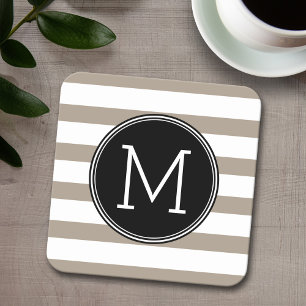 Taupe and White Striped Pattern Black Monogram Square Paper Coaster