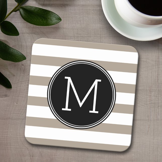 Taupe and White Striped Pattern Black Monogram Square Paper Coaster (Personalized coaster with a monogram)